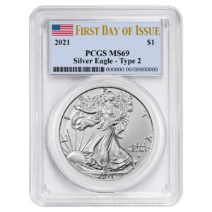 2021 $1 1-oz T2 American Silver Eagle PCGS MS69 FDI Flag Label
