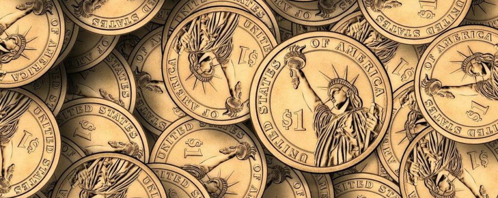 Pile of gold, US $1 coins