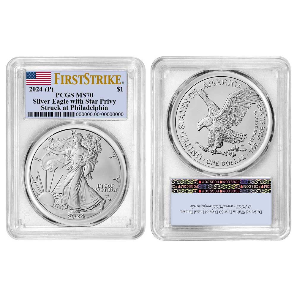 2024 $1 1-oz American Silver Eagle Star Privy PCGS MS70 FS Flag