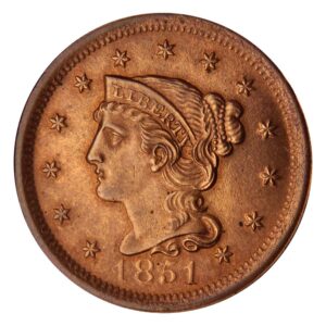 1851 1c Braided Hair Large Cent Unc Details Copper Coin