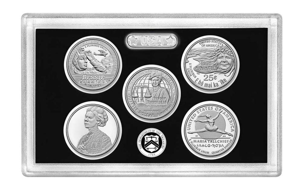  2023 U.S. Mint American Women Quarters Silver Proof Set highlighting the coin edge