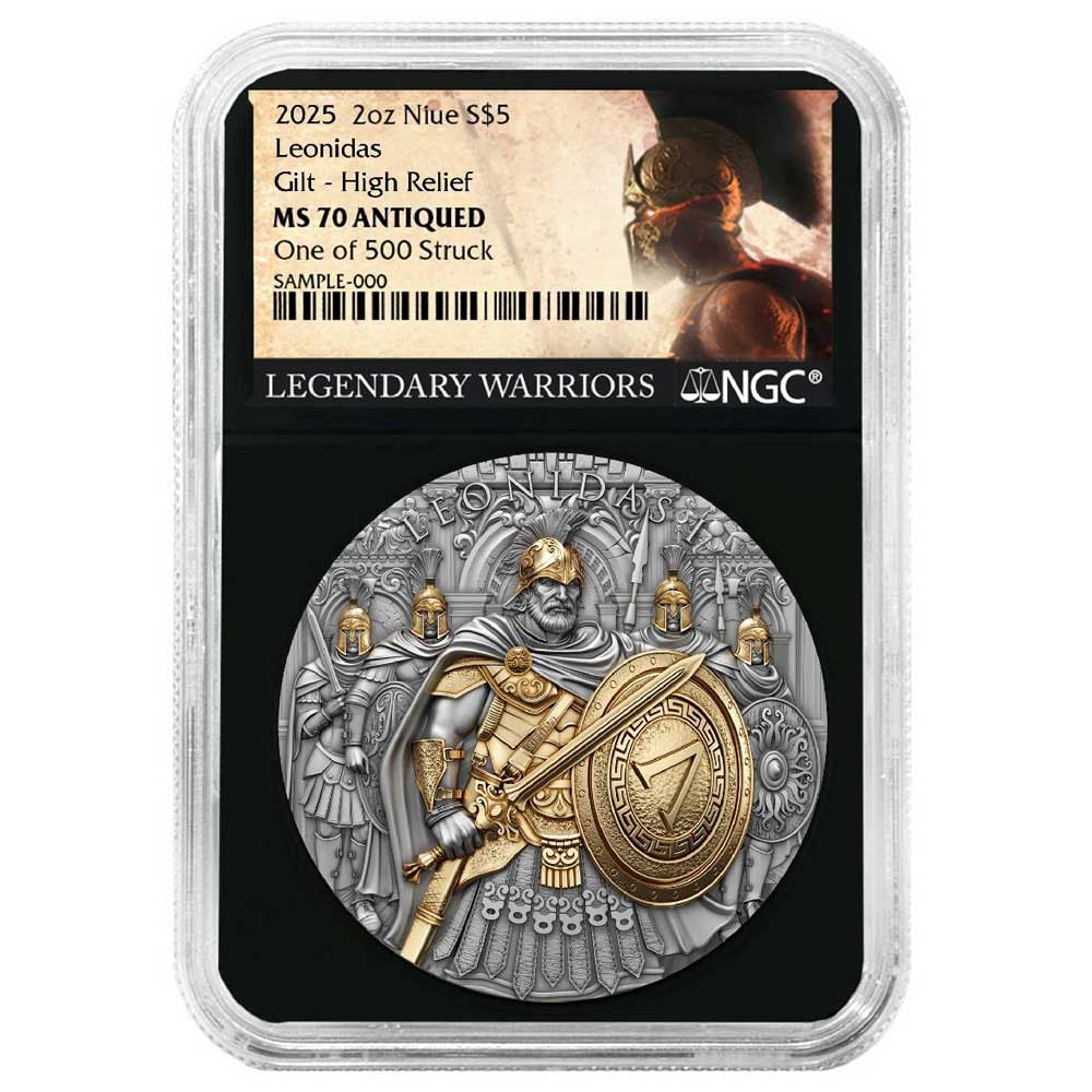 Niue 2025 Leonidas $5 2-oz High Relief Silver Antiqued & Gold Gilded NGC  MS70 Legendary Warriors Label Retro Core - ModernCoinMart