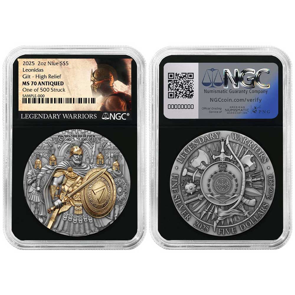 Niue 2025 Leonidas $5 2-oz High Relief Silver Antiqued & Gold Gilded NGC  MS70 Legendary Warriors Label Retro Core - ModernCoinMart