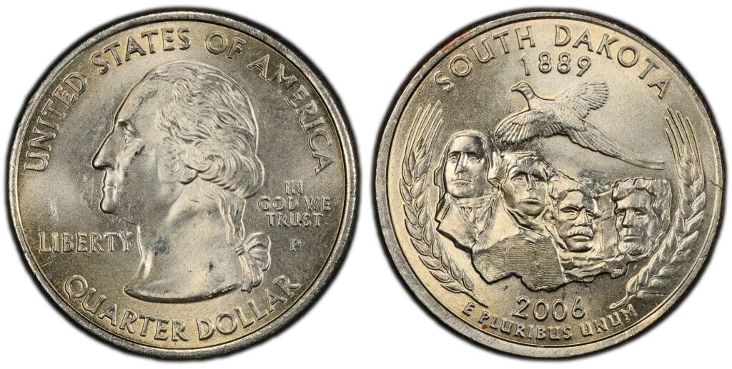 The reverse and obverse sides of the 2006 South Dakota State quarter depicting Mt. Rushmore
