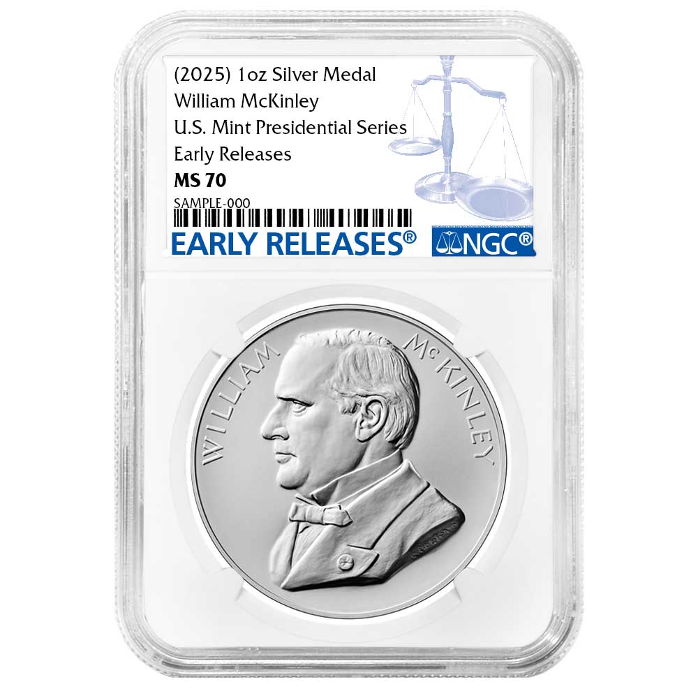 2025 1-oz William McKinley Silver Presidential Medal NGC MS70 ER Blue Label