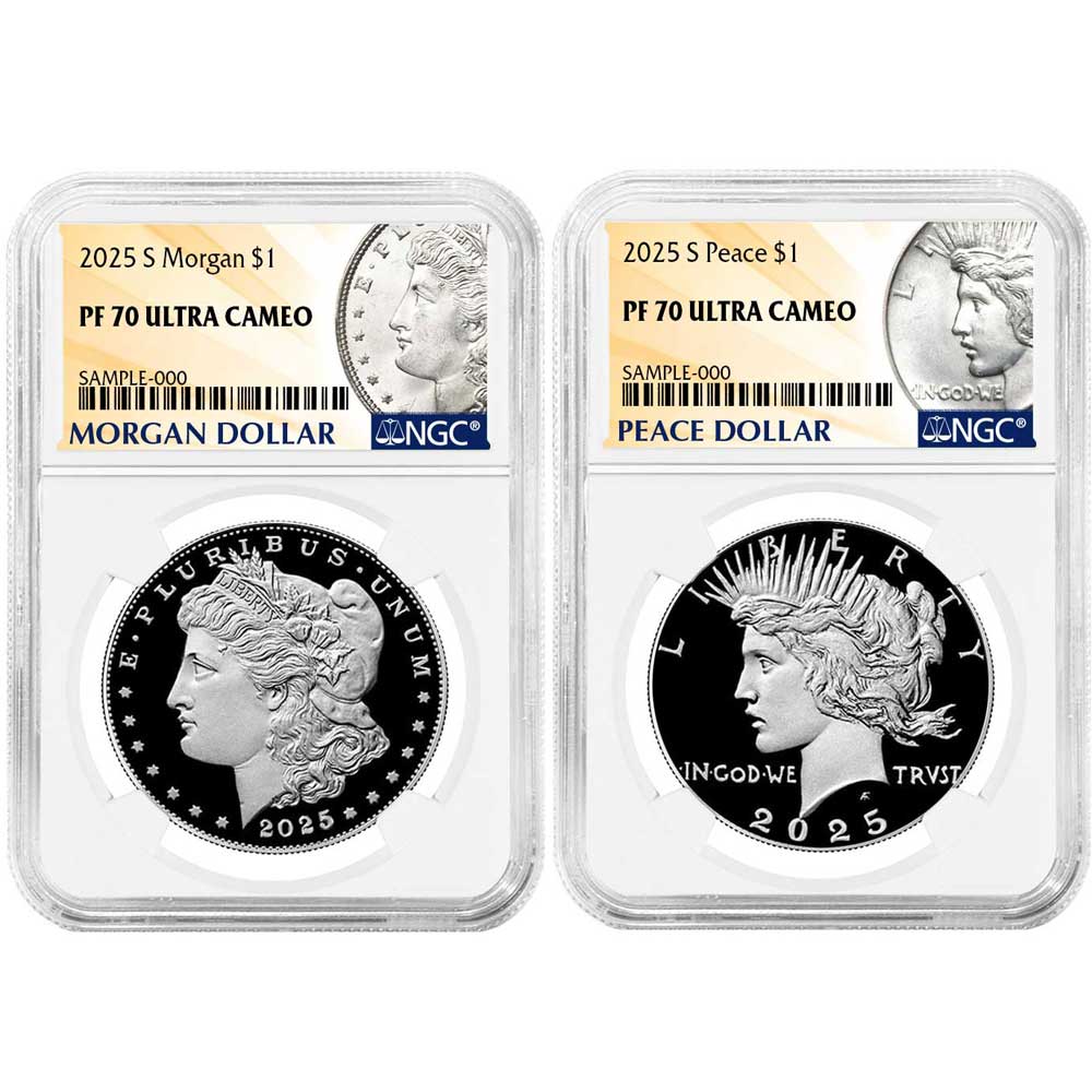 2pc Set - 2025-S $1 Proof Morgan and Peace Silver Dollar NGC PF70UC Morgan & Peace Label