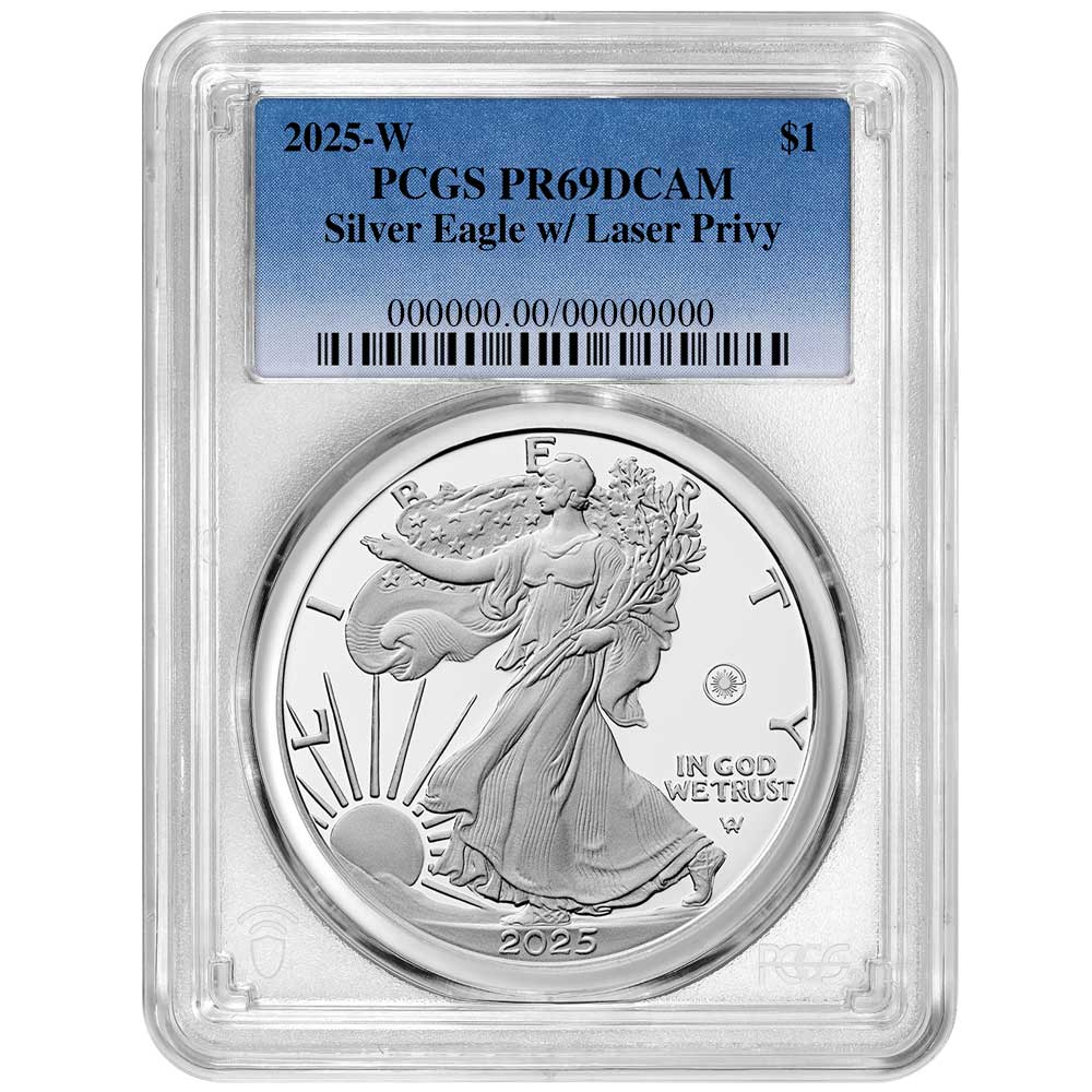 2025-W $1 1-oz Proof American Silver Eagle Laser Beam Privy PCGS PR69DCAM Blue Label