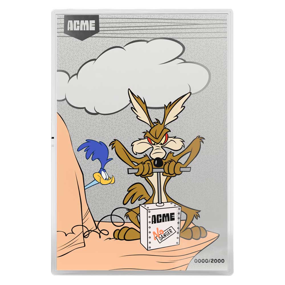 2026 $1 5-g Silver Looney Tunes Wile Coyote's Acme TNT Plunger w/ Chase By Agoro 2000 Minted