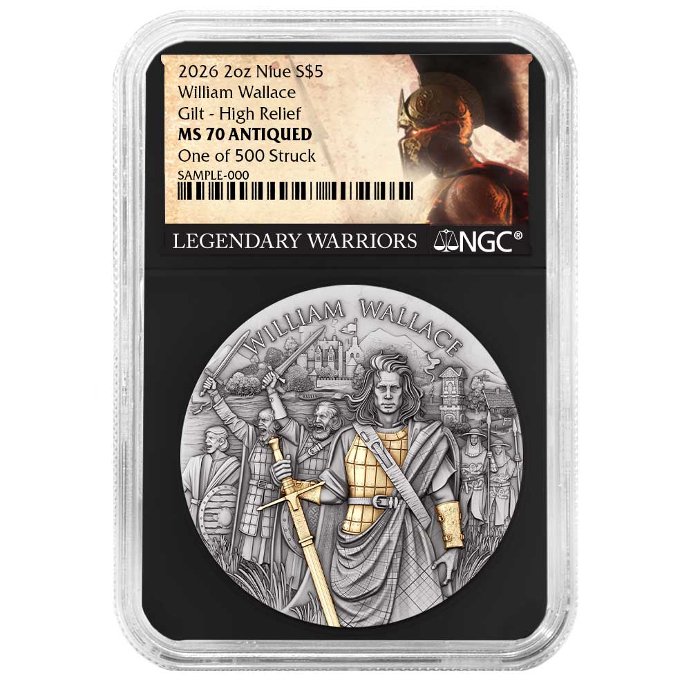 Niue 2026 $5 2-oz William Wallace High Relief Silver Antiqued and Gold NGC MS70 Legendary Warriors Label