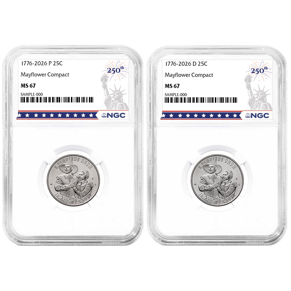 2pc Set - 2026 25c Semiquincentennial Quarter Mayflower Compact NGC MS67 250th Statue of Liberty Label