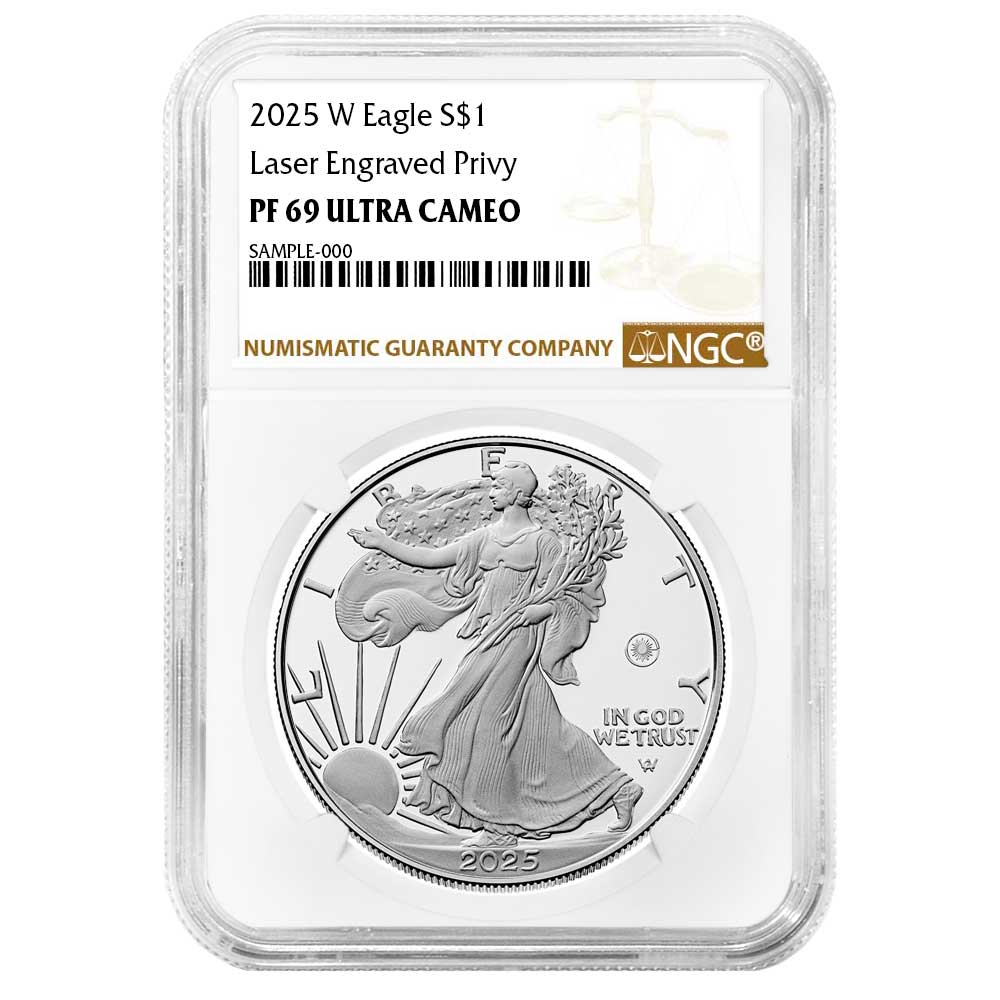 2025-W $1 1-oz Proof American Silver Eagle Laser Beam Privy NGC PF69UC Brown Label