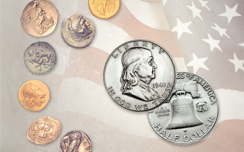 Image comparing an ancient Greek Coin to a modern Franklin Half Dollar Coin