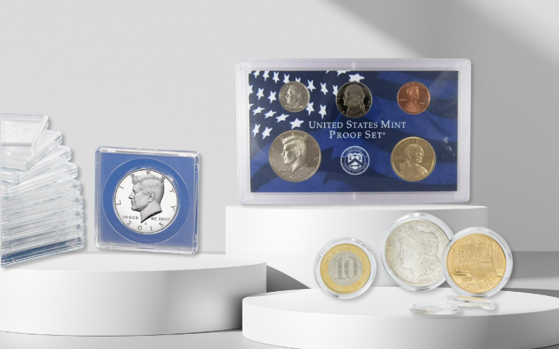 An image of coins in varying packaging