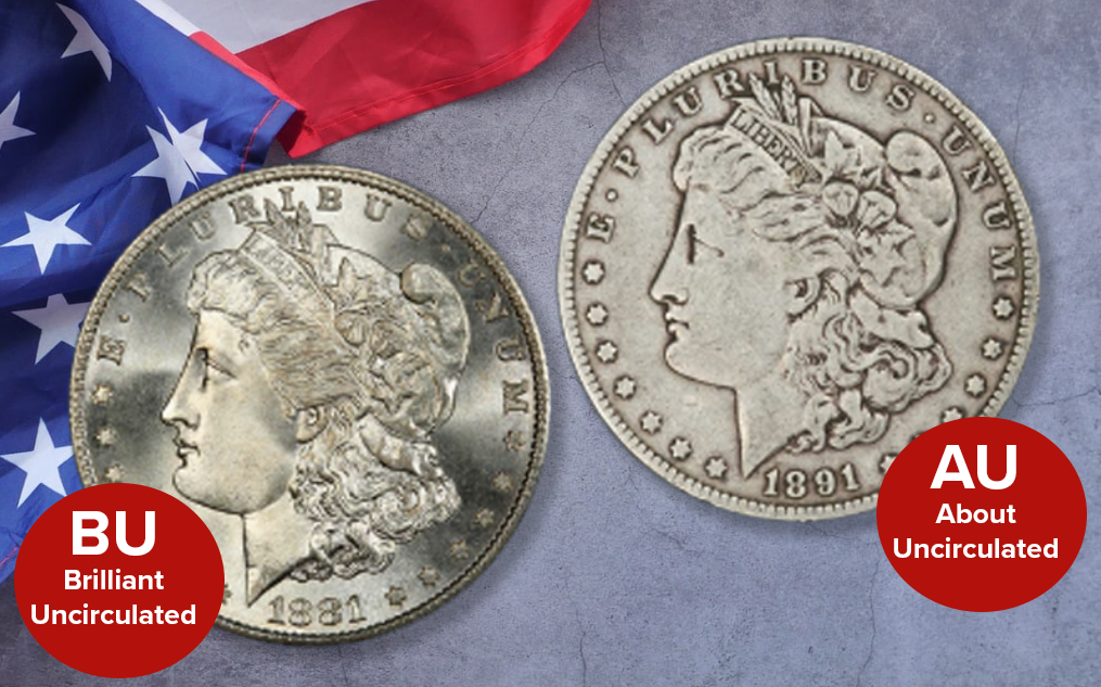 An Image comparing AU coins and BU coins
