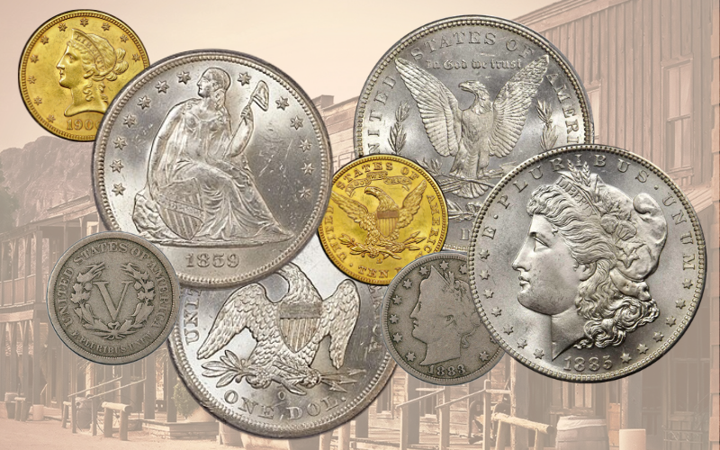  A graphic of various currencies that were used at the time, including A Seated Liberty, a Morgan Silver Dollar, a Liberty Head "V" Nickel, and a Liberty Head Gold Coin.