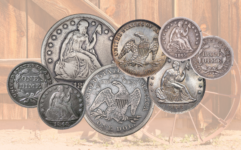 A graphic of several Seated Liberty Coins again a western backdrop.