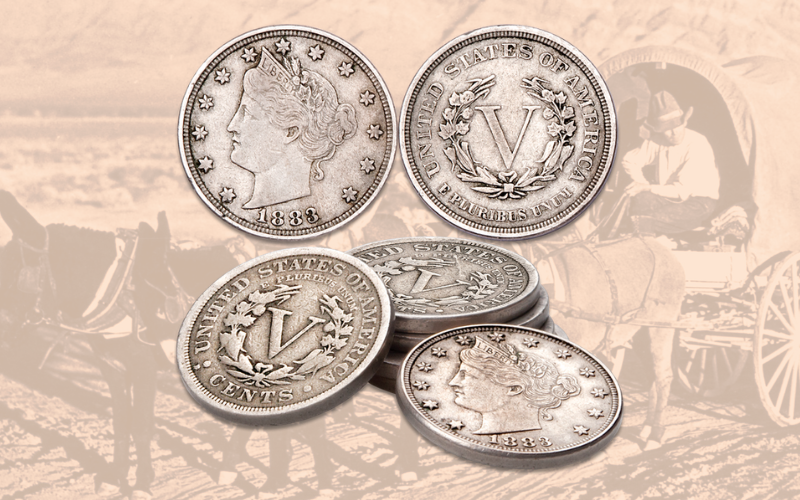 A graphic of a Liberty Head "V" nickel with a covered wagon in the background.