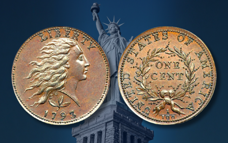 A graphic of A Liberty Flowing Hair Coin with the statue of liberty behind it.