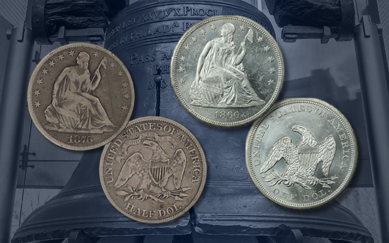 A graphic of Seated Liberty coins against a backdrop of the liberty bell.